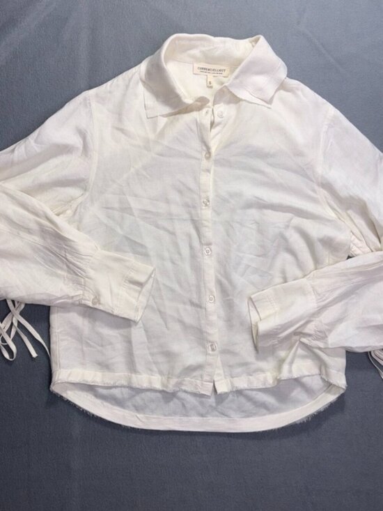 Current/Elliott Tops - Current/Elliott White Collared Fringe Detail Blouse with Ties True Hemp Boho S